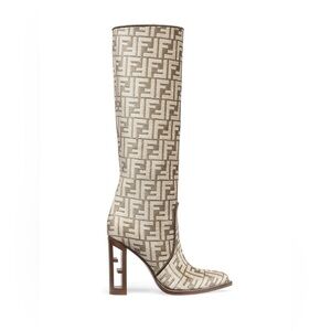 Fendi High-Heeled FF Chenille Jacquard Knee Boots in a Beige and Dove Gray